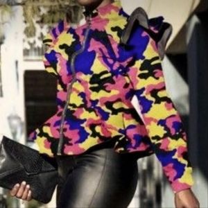 neon camo ruffle zip cardigan